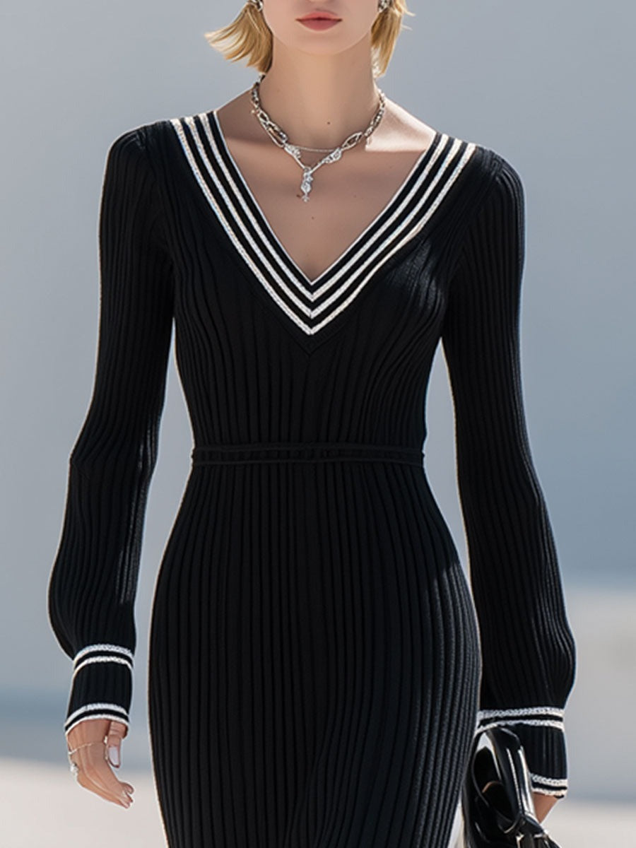 Fashion Retro White Trim Black Knitted Ribbed Long Sleeve Fishtail Midi Dress