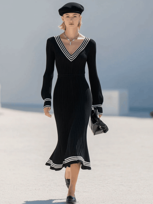 Fashion Retro White Trim Black Knitted Ribbed Long Sleeve Fishtail Midi Dress