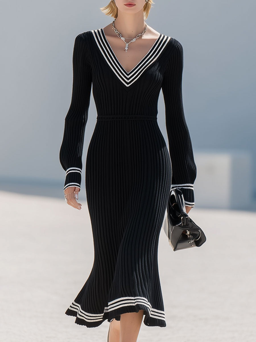 Fashion Retro White Trim Black Knitted Ribbed Long Sleeve Fishtail Midi Dress