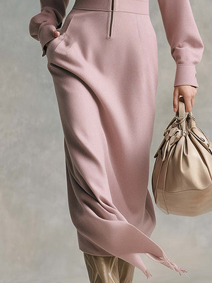 Fashionable Warm Lapel Front Zipper Pink Woolen Maxi Dress