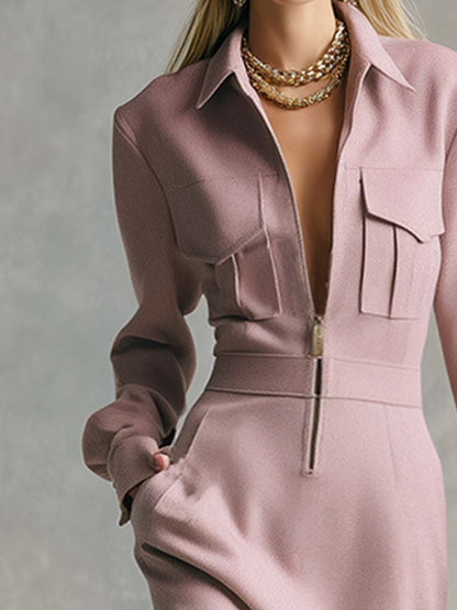 Fashionable Warm Lapel Front Zipper Pink Woolen Maxi Dress