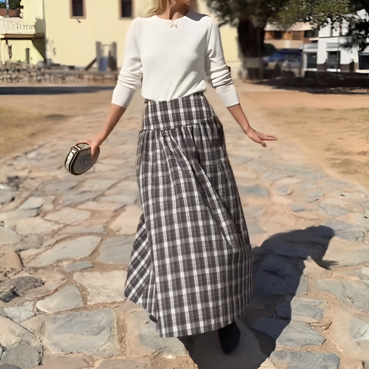 White Knit Top & Black-White Plaid Maxi Skirt Set