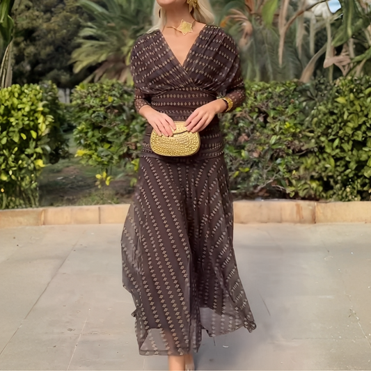 Brown Geometric Print Wrap Maxi Dress With Sheer Detail