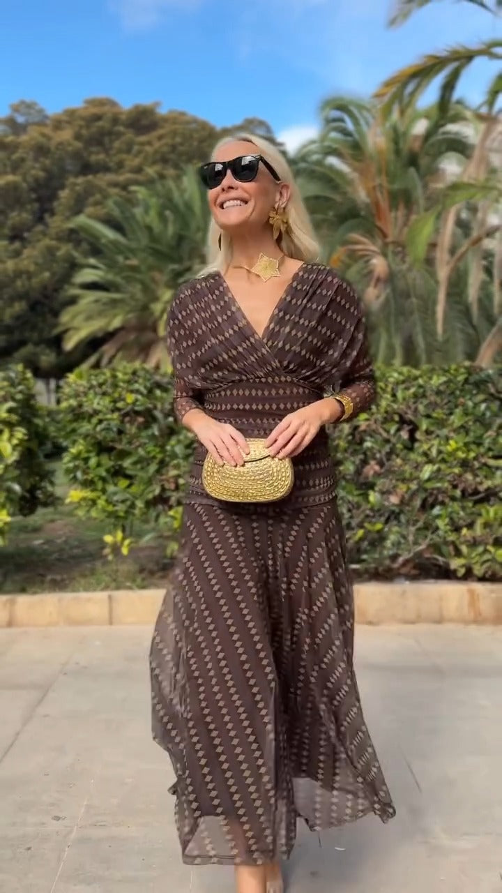 Brown Geometric Print Wrap Maxi Dress With Sheer Detail