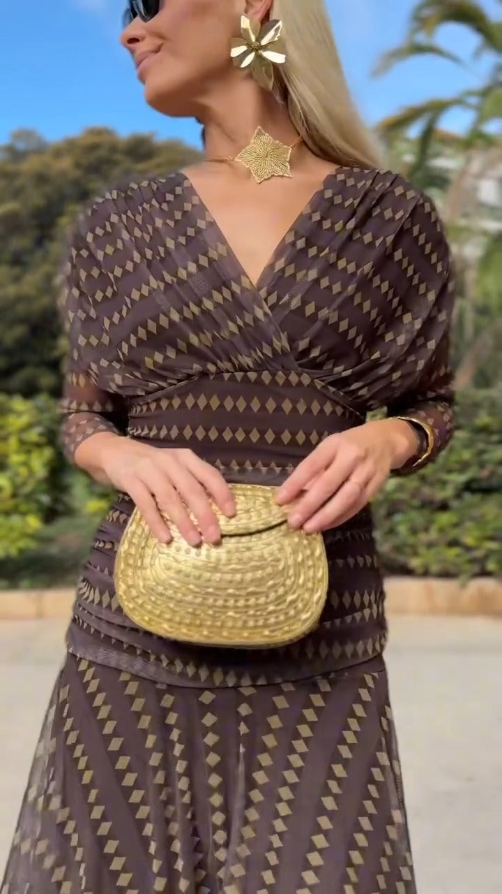 Brown Geometric Print Wrap Maxi Dress With Sheer Detail