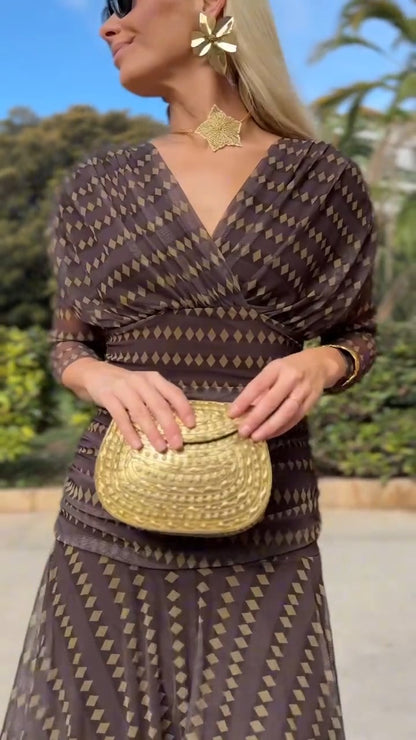 Brown Geometric Print Wrap Maxi Dress With Sheer Detail