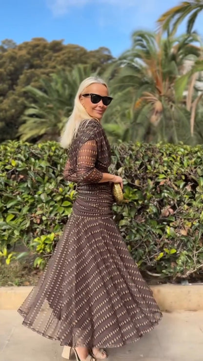 Brown Geometric Print Wrap Maxi Dress With Sheer Detail