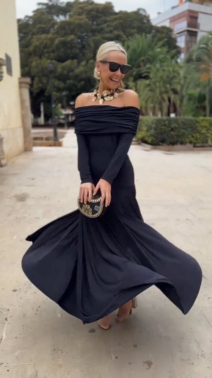 Navy Blue Off-Shoulder Mermaid Maxi Dress