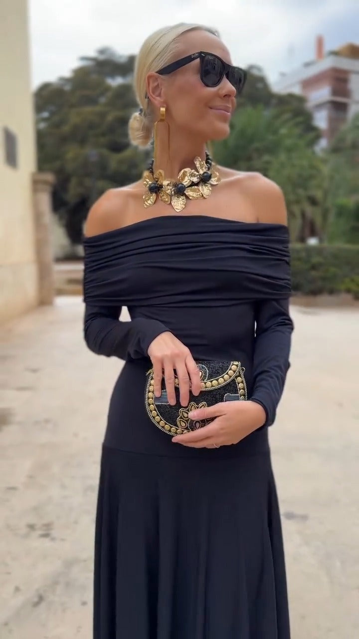 Navy Blue Off-Shoulder Mermaid Maxi Dress