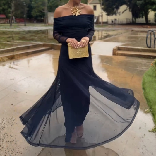 Navy Blue Off-Shoulder Chiffon Maxi Dress