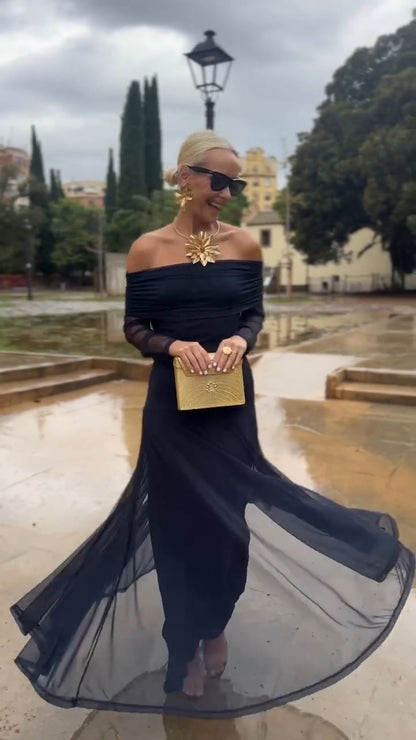 Navy Blue Off-Shoulder Chiffon Maxi Dress