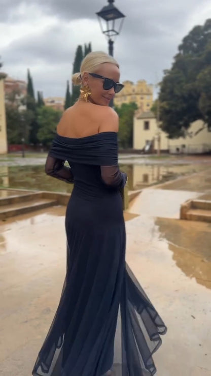 Navy Blue Off-Shoulder Chiffon Maxi Dress