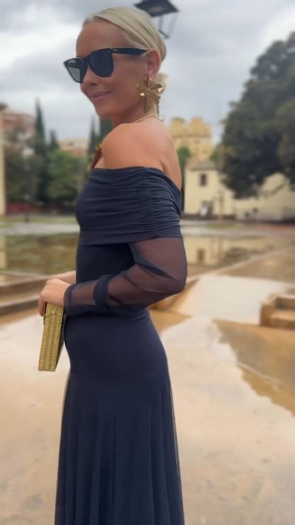 Navy Blue Off-Shoulder Chiffon Maxi Dress