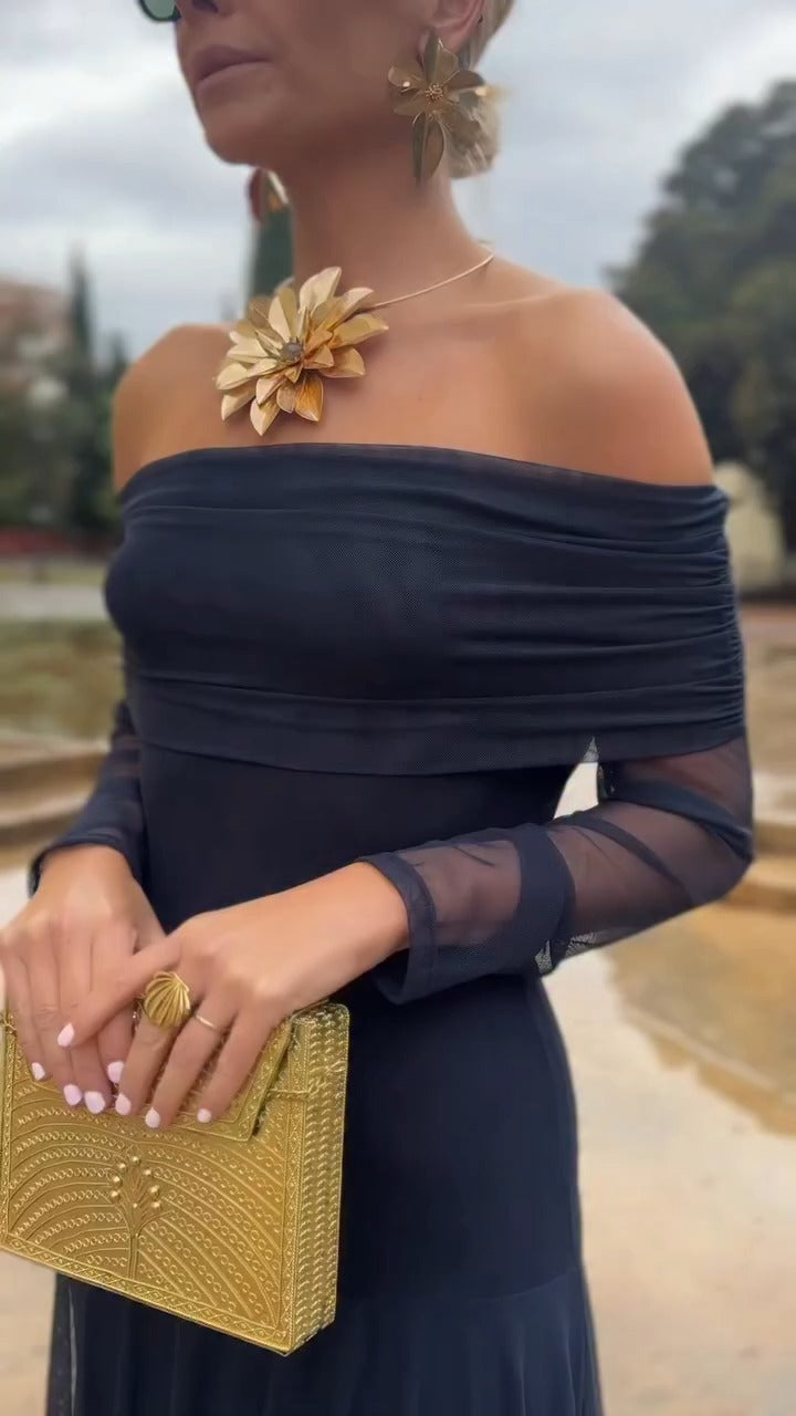 Navy Blue Off-Shoulder Chiffon Maxi Dress