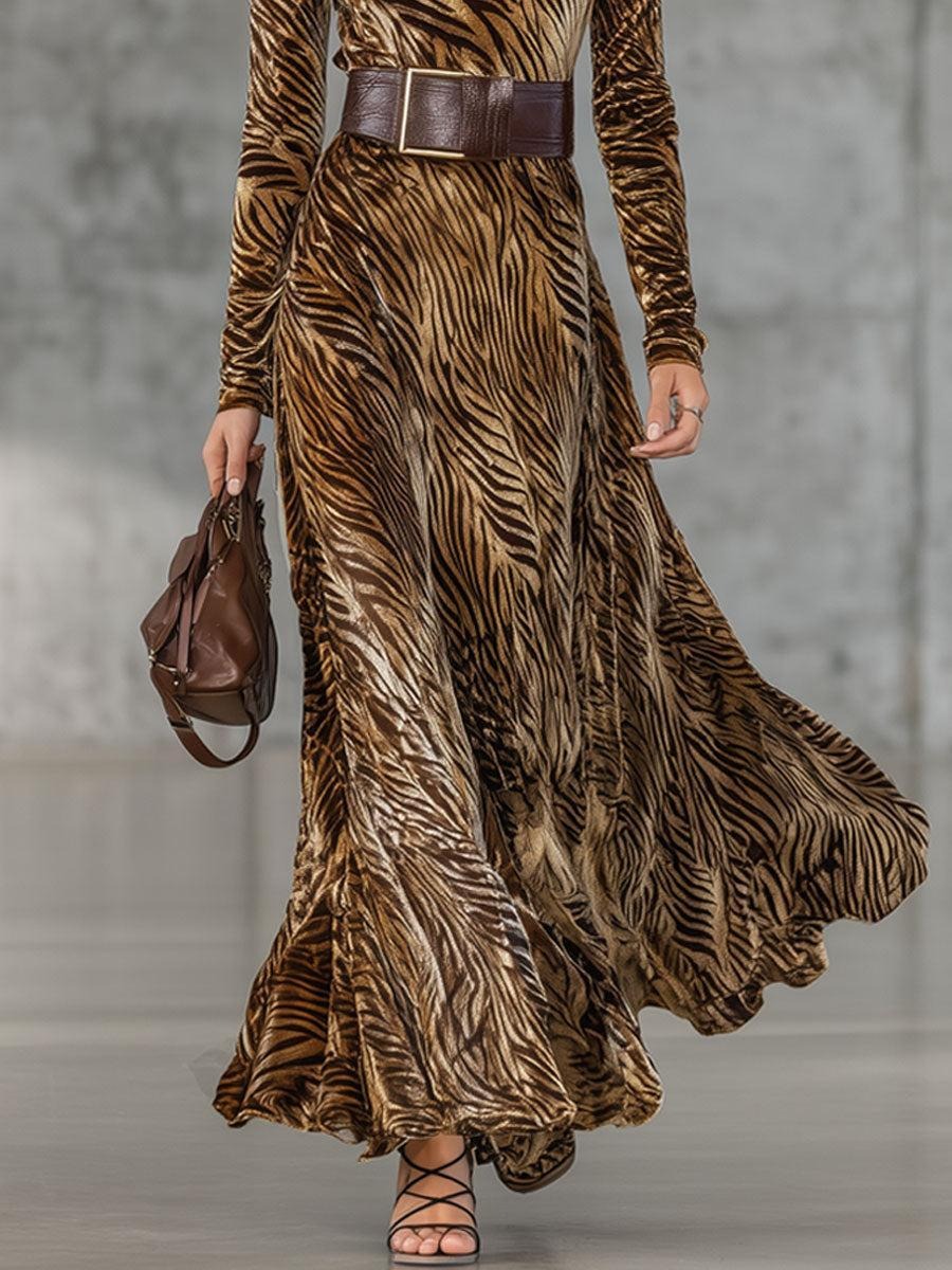 Luxury Velvet Tiger Print Mock Neck Maxi Dress