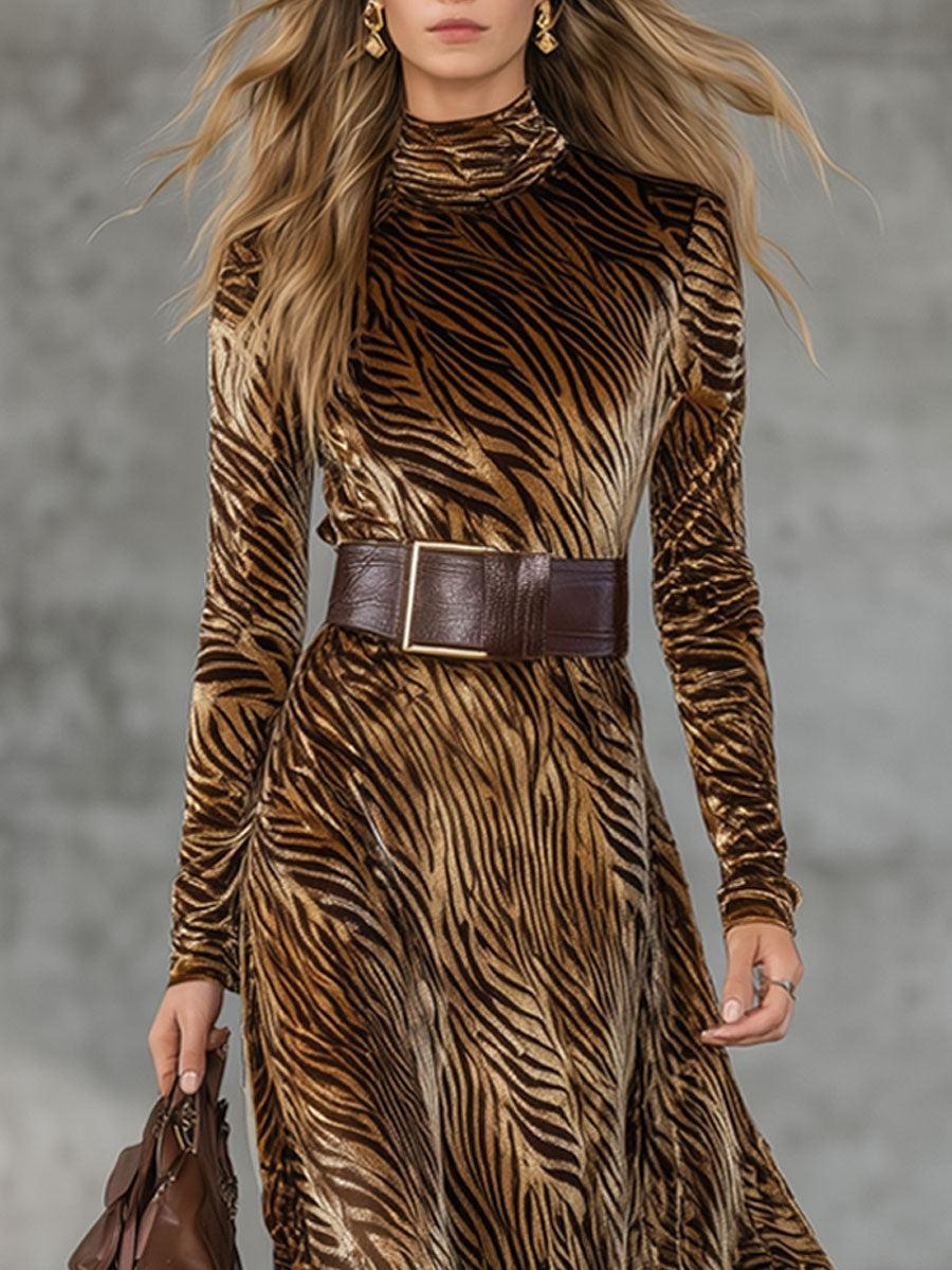 Luxury Velvet Tiger Print Mock Neck Maxi Dress