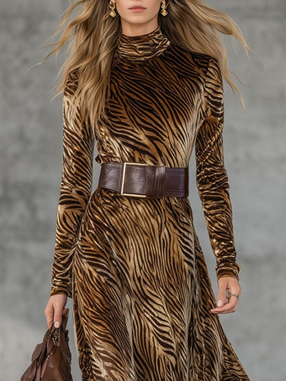 Luxury Velvet Tiger Print Mock Neck Maxi Dress