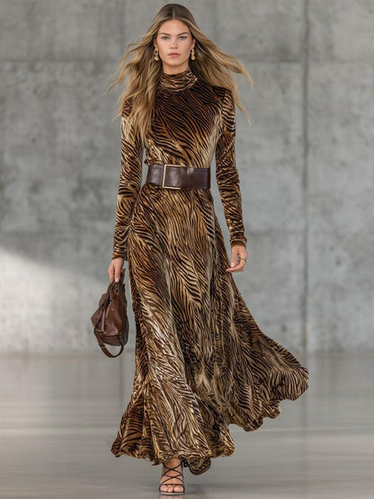 Luxury Velvet Tiger Print Mock Neck Maxi Dress