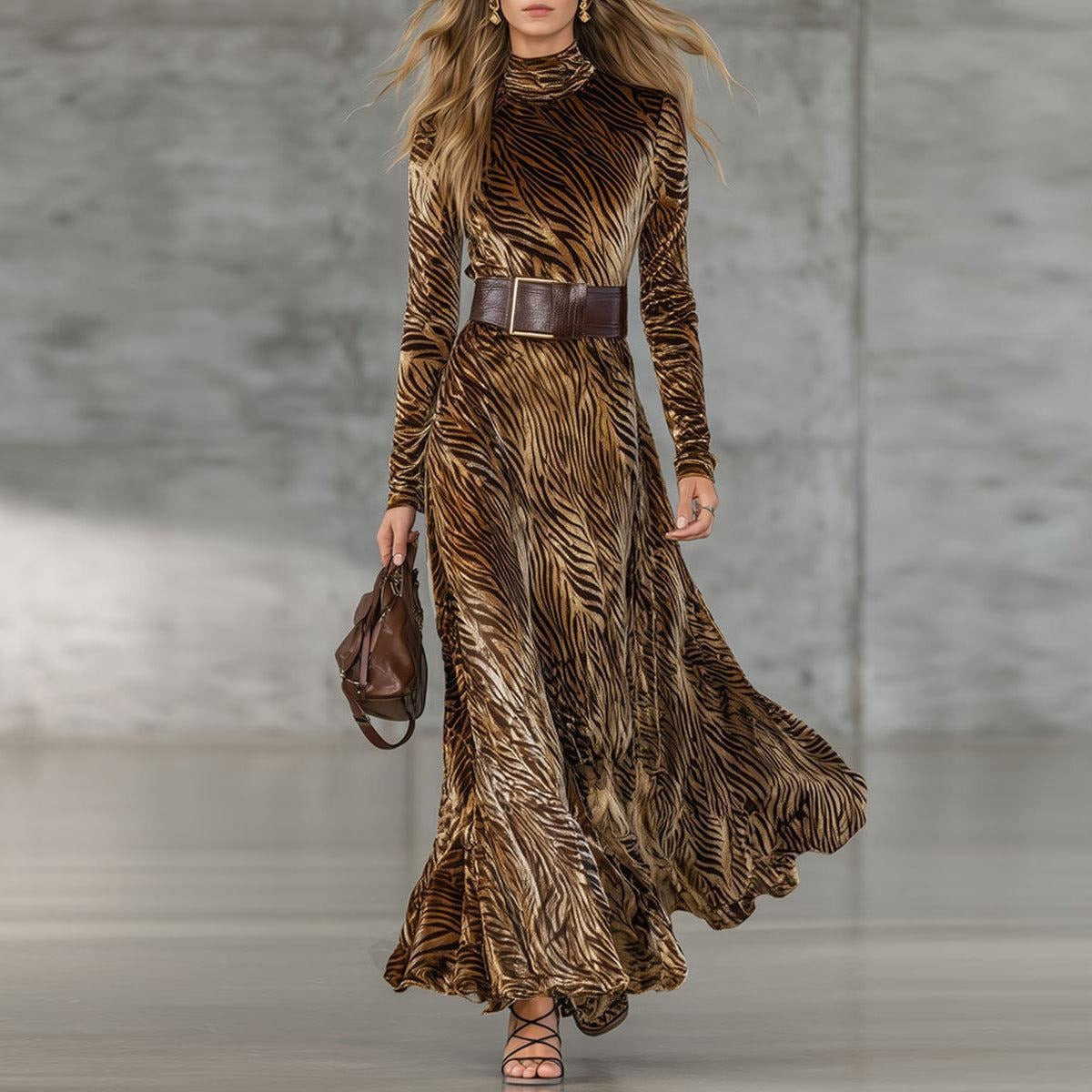 Luxury Velvet Tiger Print Mock Neck Maxi Dress