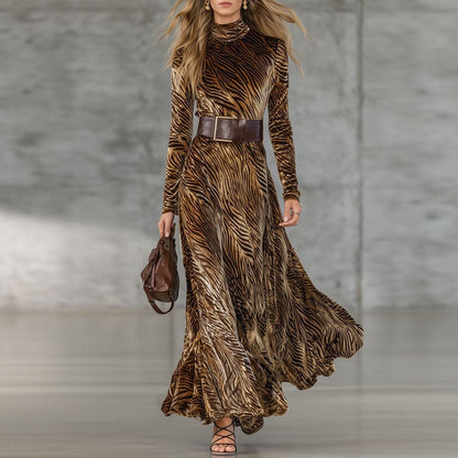 Luxury Velvet Tiger Print Mock Neck Maxi Dress