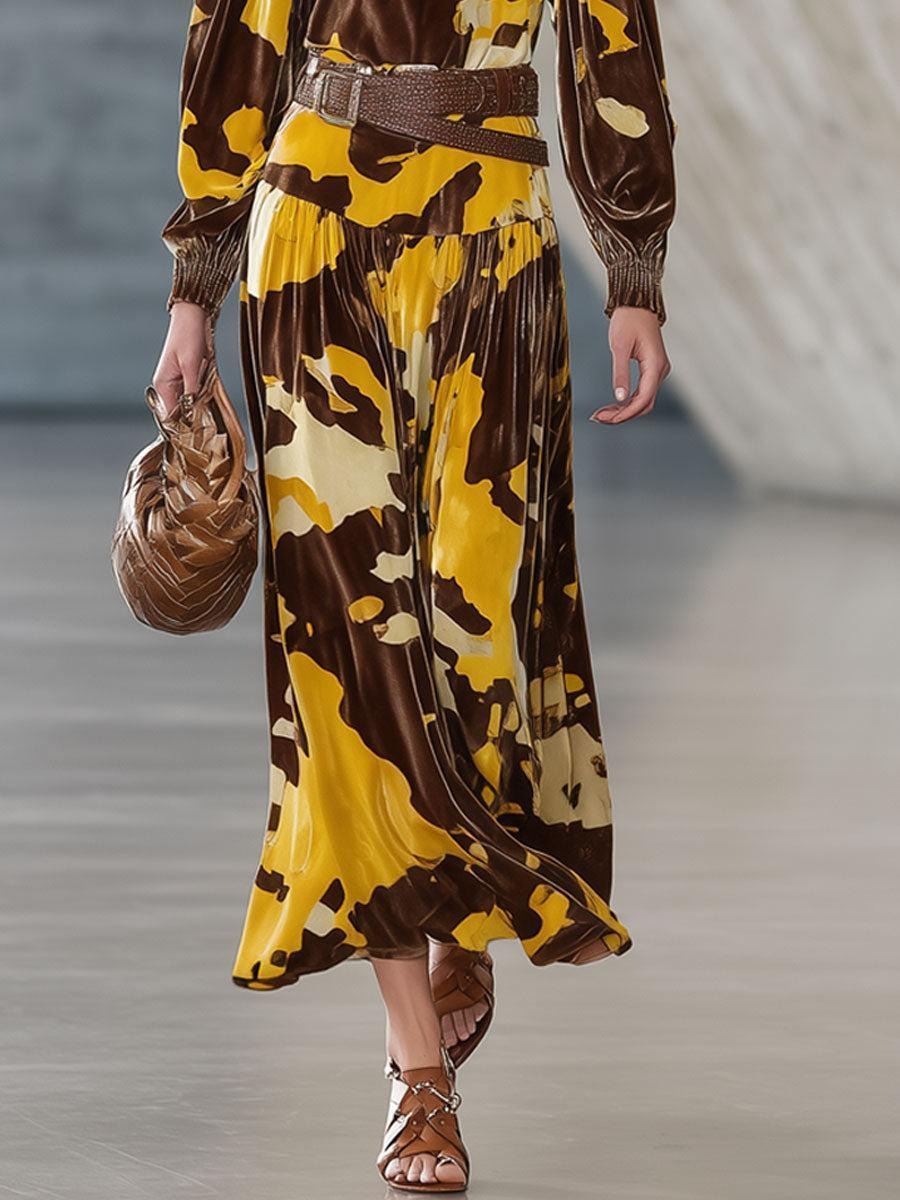 Fashion Retro Brown Velvet Cow Pattern Long-Sleeved Midi Dress