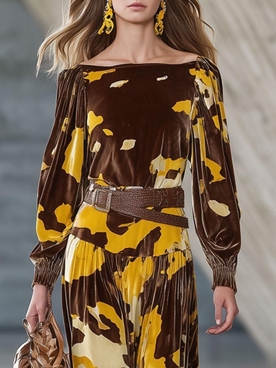 Fashion Retro Brown Velvet Cow Pattern Long-Sleeved Midi Dress