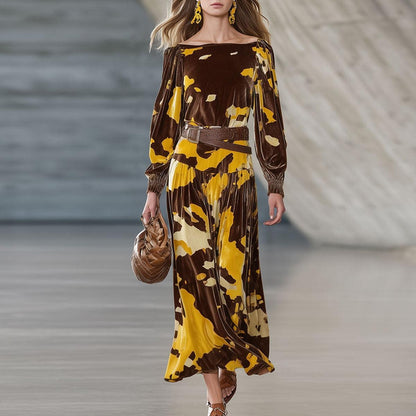 Fashion Retro Brown Velvet Cow Pattern Long-Sleeved Midi Dress