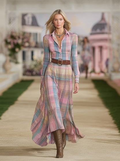 Retro Western Plaid Long Sleeve Maxi Dress