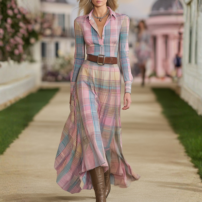 Retro Western Plaid Long Sleeve Maxi Dress