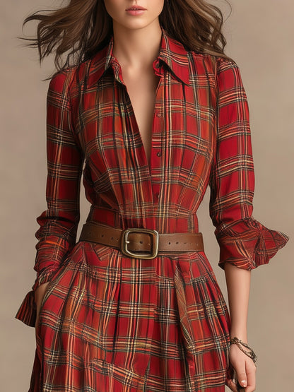 Fashion Vintage Plaid Lapel Long-sleeved Maxi Dress