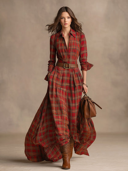 Fashion Vintage Plaid Lapel Long-sleeved Maxi Dress