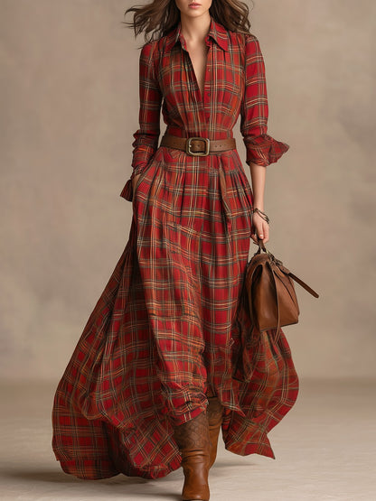 Fashion Vintage Plaid Lapel Long-sleeved Maxi Dress
