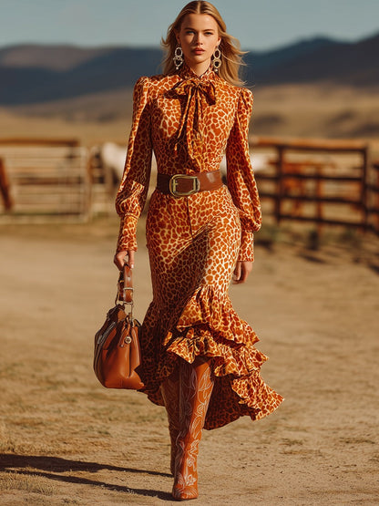 Retro Fashion Ruffled Orange Leopard Velvet Maxi Dress