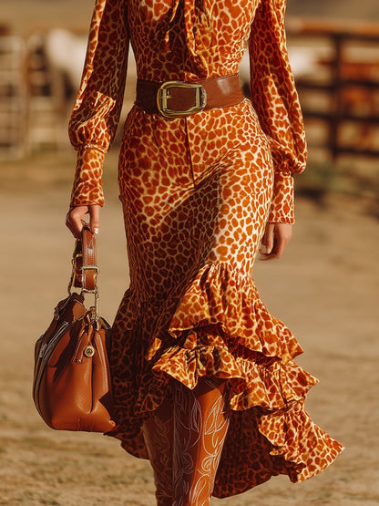 Retro Fashion Ruffled Orange Leopard Velvet Maxi Dress