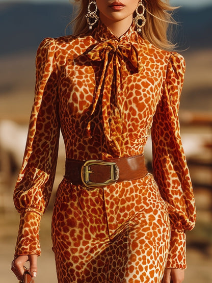 Retro Fashion Ruffled Orange Leopard Velvet Maxi Dress