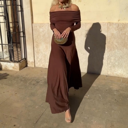Chocolate Brown Off-Shoulder Maxi Dress
