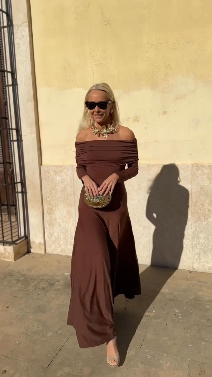 Chocolate Brown Off-Shoulder Maxi Dress