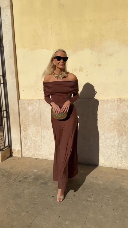 Chocolate Brown Off-Shoulder Maxi Dress
