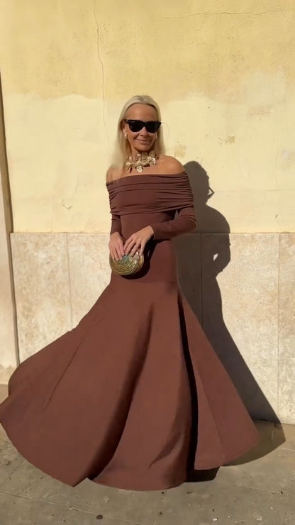 Chocolate Brown Off-Shoulder Maxi Dress