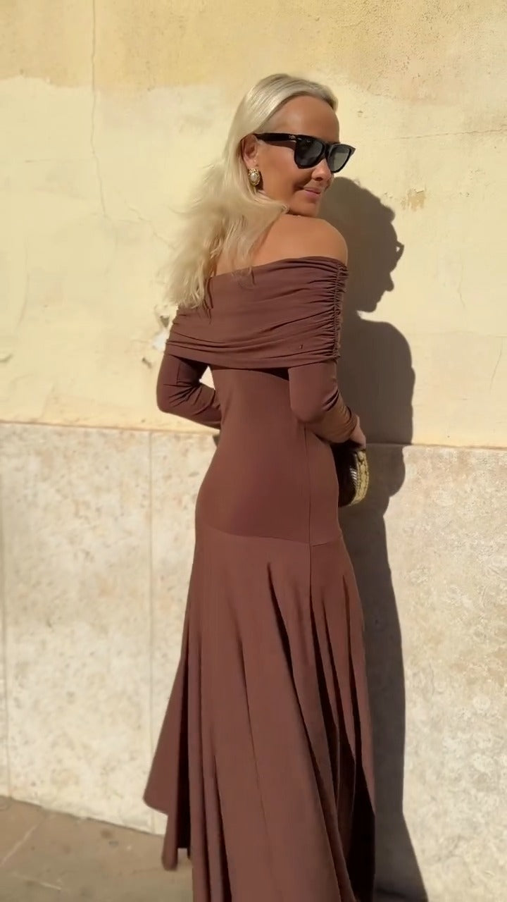 Chocolate Brown Off-Shoulder Maxi Dress