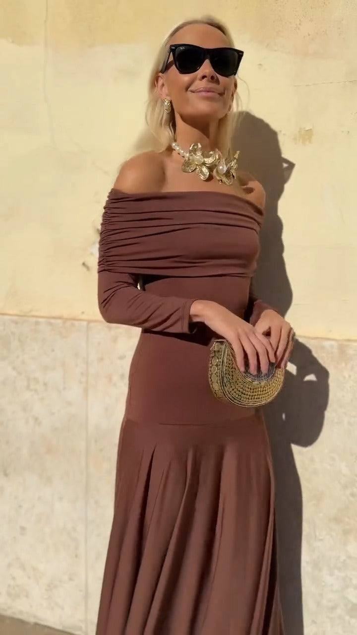 Chocolate Brown Off-Shoulder Maxi Dress