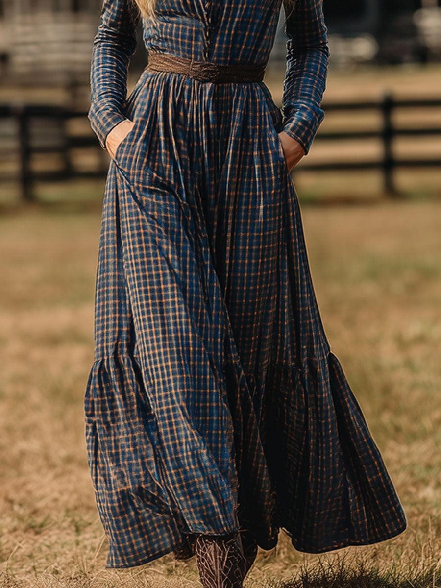 Western Retro Velvet Blue And Brown Plaid Lace-up Long Sleeve Maxi Dress