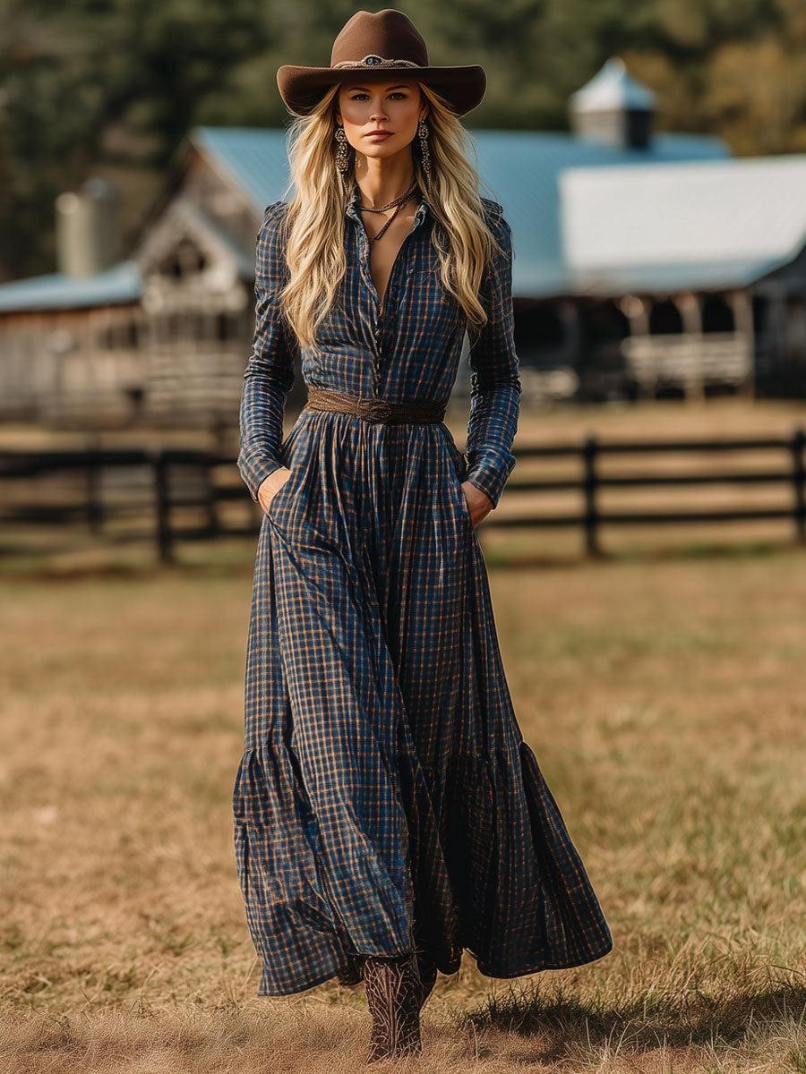 Western Retro Velvet Blue And Brown Plaid Lace-up Long Sleeve Maxi Dress