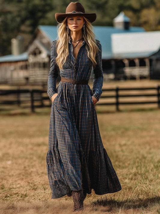 Western Retro Velvet Blue And Brown Plaid Lace-up Long Sleeve Maxi Dress