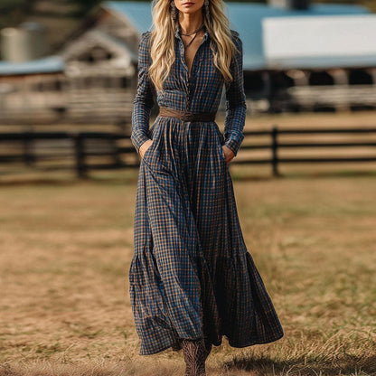 Western Retro Velvet Blue And Brown Plaid Lace-up Long Sleeve Maxi Dress
