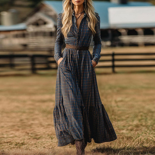 Western Retro Velvet Blue And Brown Plaid Lace-up Long Sleeve Maxi Dress