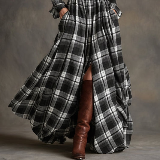 Retro Ethnic Style Lapel Plaid Maxi Dress