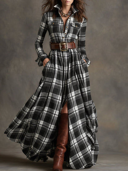 Retro Ethnic Style Lapel Plaid Maxi Dress