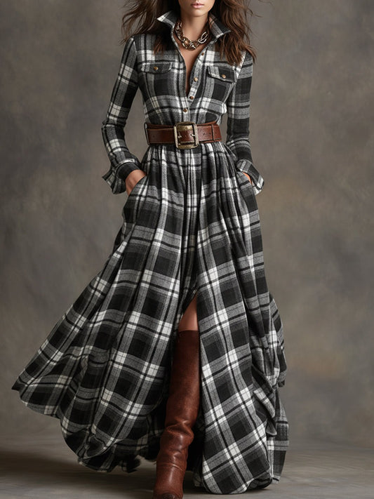 Retro Ethnic Style Lapel Plaid Maxi Dress