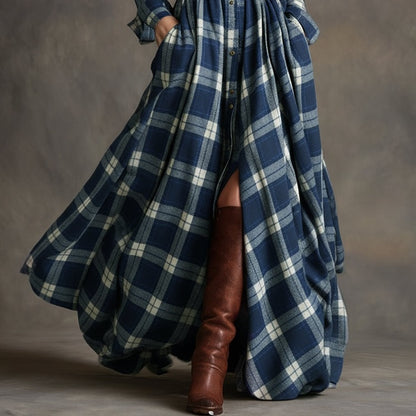 Retro Ethnic Style Lapel Blue Plaid Maxi Dress
